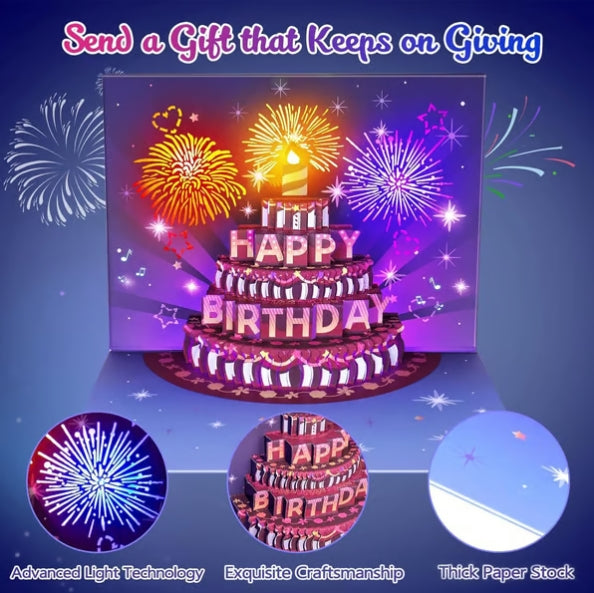 CZTICLE® Fireworks Pop Up Cake Light and Music Happy Birthday Card Gift D01