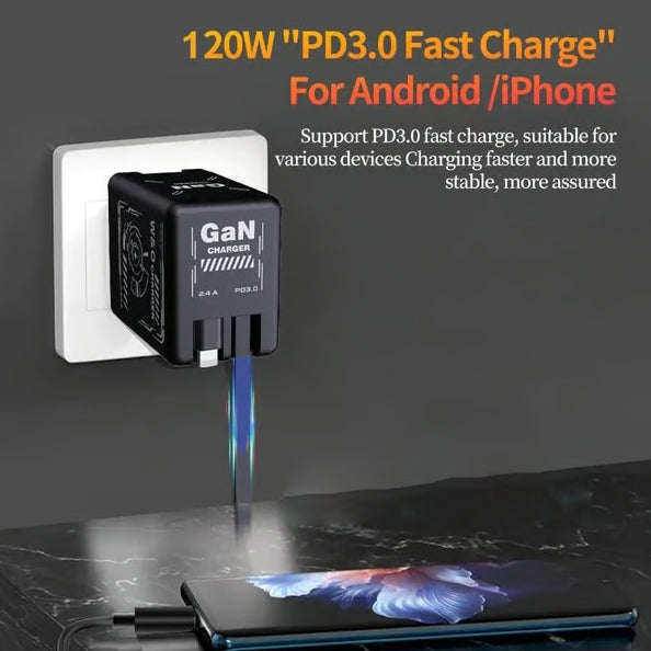 Cilifer® 2-in-1 GaN Compatible with 120W Fast Charger with Retractable Type-C and ligtning Cable D01