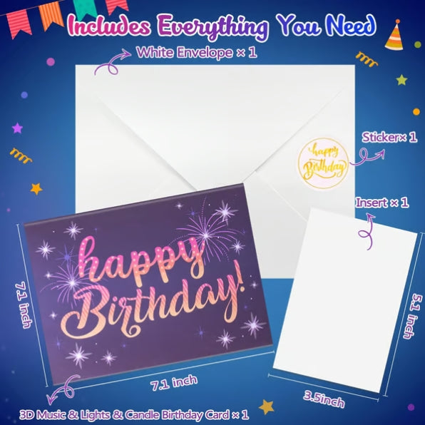 CZTICLE® Fireworks Pop Up Cake Light and Music Happy Birthday Card Gift D01