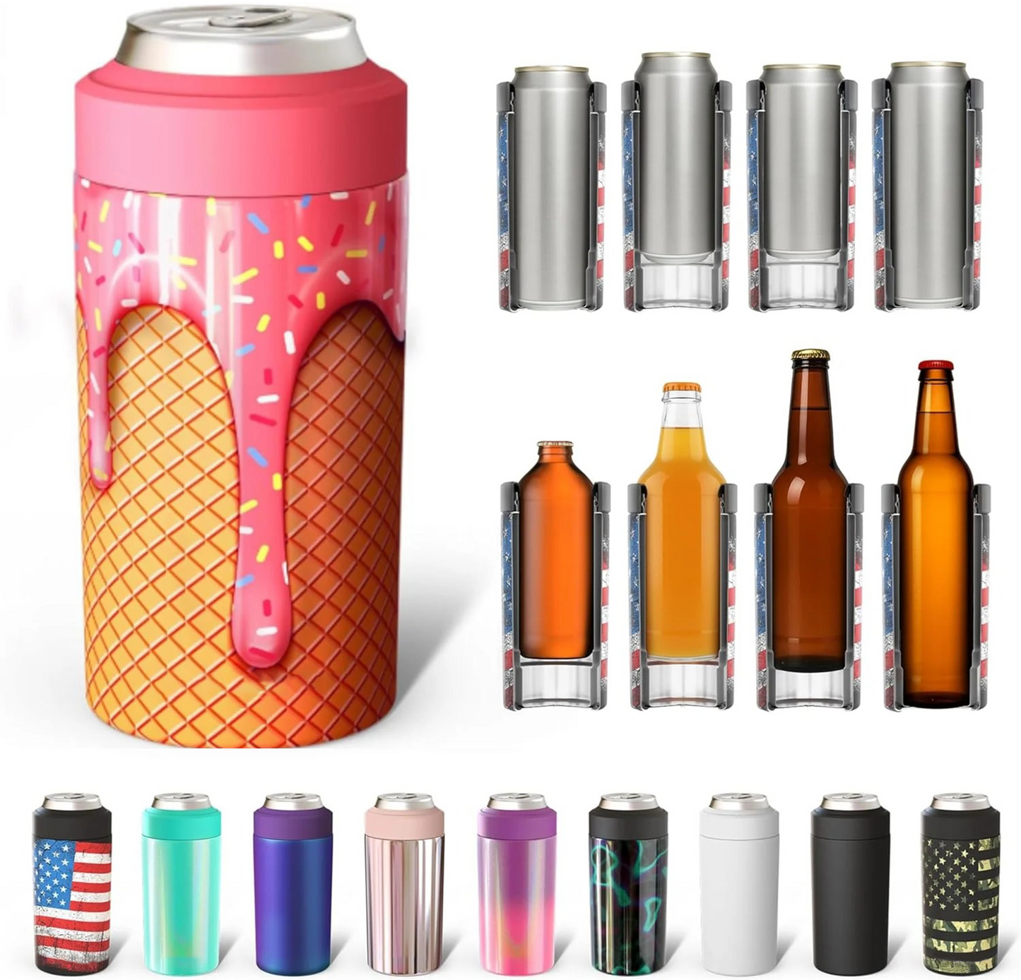 CZTICLE® Universal Buddy Can Cooler - Fits All - For Regular 12 & 16 oz or Slim-Size Bottles - Insulated Double -Walled Stainless Steel (All white)