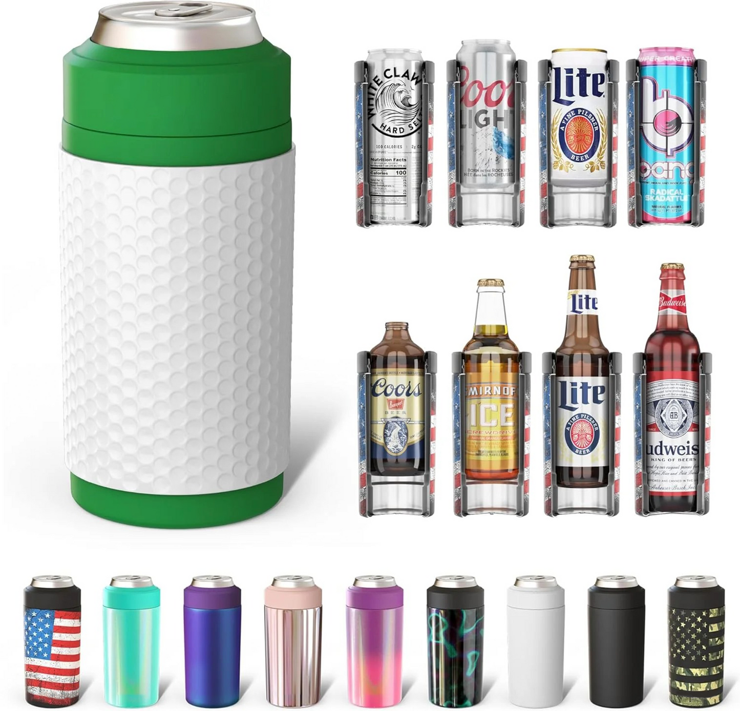CZTICLE® Universal Buddy Can Cooler - Fits All - For Regular 12 & 16 oz or Slim-Size Bottles - Insulated Double -Walled Stainless Steel (All white)