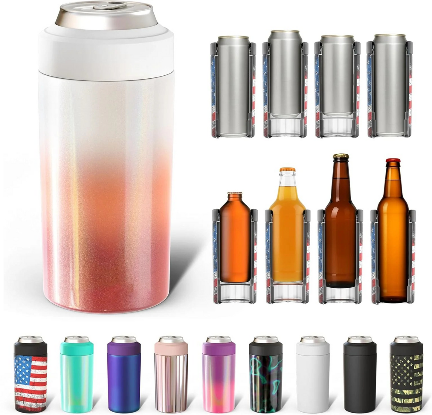 CZTICLE® Universal Buddy Can Cooler - Fits All - For Regular 12 & 16 oz or Slim-Size Bottles - Insulated Double -Walled Stainless Steel (All white)