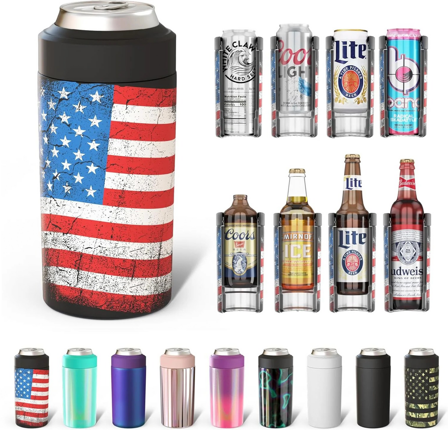 CZTICLE® Universal Buddy Can Cooler - Fits All - For Regular 12 & 16 oz or Slim-Size Bottles - Insulated Double -Walled Stainless Steel (All white)