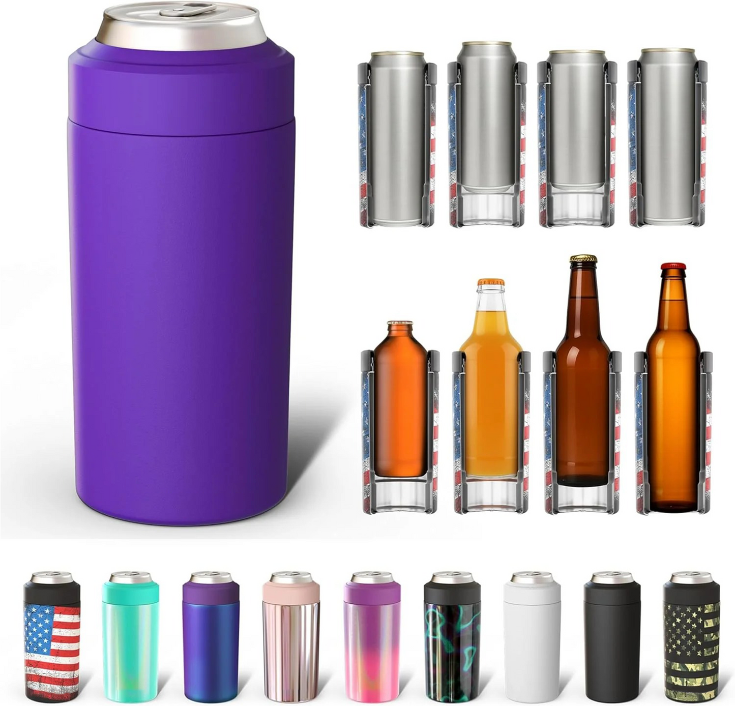 CZTICLE® Universal Buddy Can Cooler - Fits All - For Regular 12 & 16 oz or Slim-Size Bottles - Insulated Double -Walled Stainless Steel (All white)
