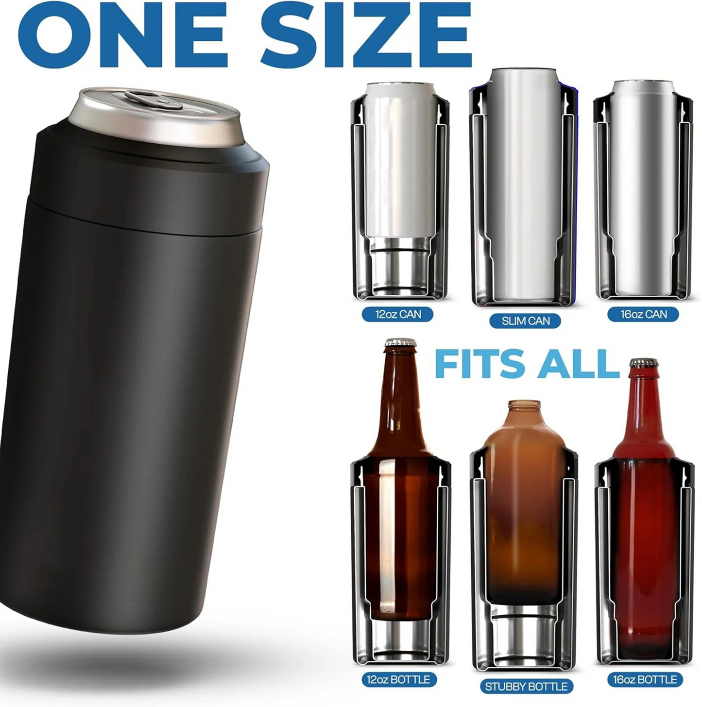 CZTICLE® Universal Buddy Can Cooler - Fits All - For Regular 12 & 16 oz or Slim-Size Bottles - Insulated Double -Walled Stainless Steel (All white)