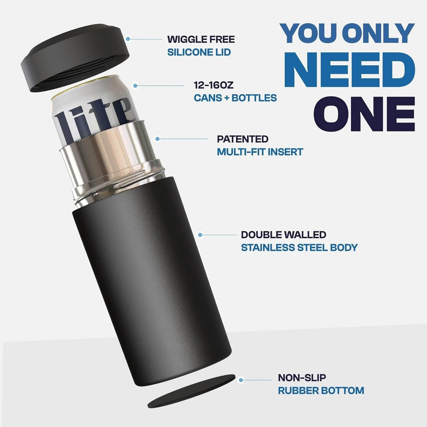 CZTICLE® Universal Buddy Can Cooler - Fits All - For Regular 12 & 16 oz or Slim-Size Bottles - Insulated Double -Walled Stainless Steel (All white)