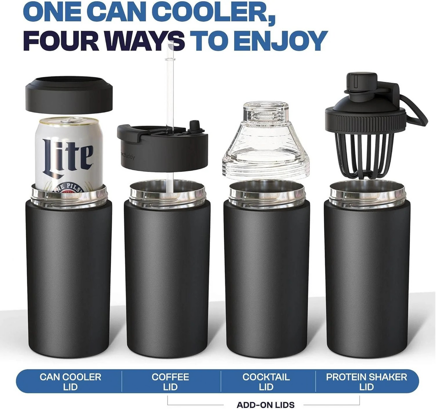 CZTICLE® Universal Buddy Can Cooler - Fits All - For Regular 12 & 16 oz or Slim-Size Bottles - Insulated Double -Walled Stainless Steel (All white)