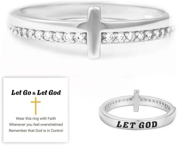 CILIFER® Cross Ring for Women. Engrave Let Go & Let God Dainty Trendy Religious Pray Ring.