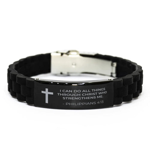 CZTICLE® Baptism Gifts For Teenage Boys. Religious Catholic Christian Bracelet For Men. I Can Do All Things Through Christ. Stainless Steel Silver Silicone. no gemstone