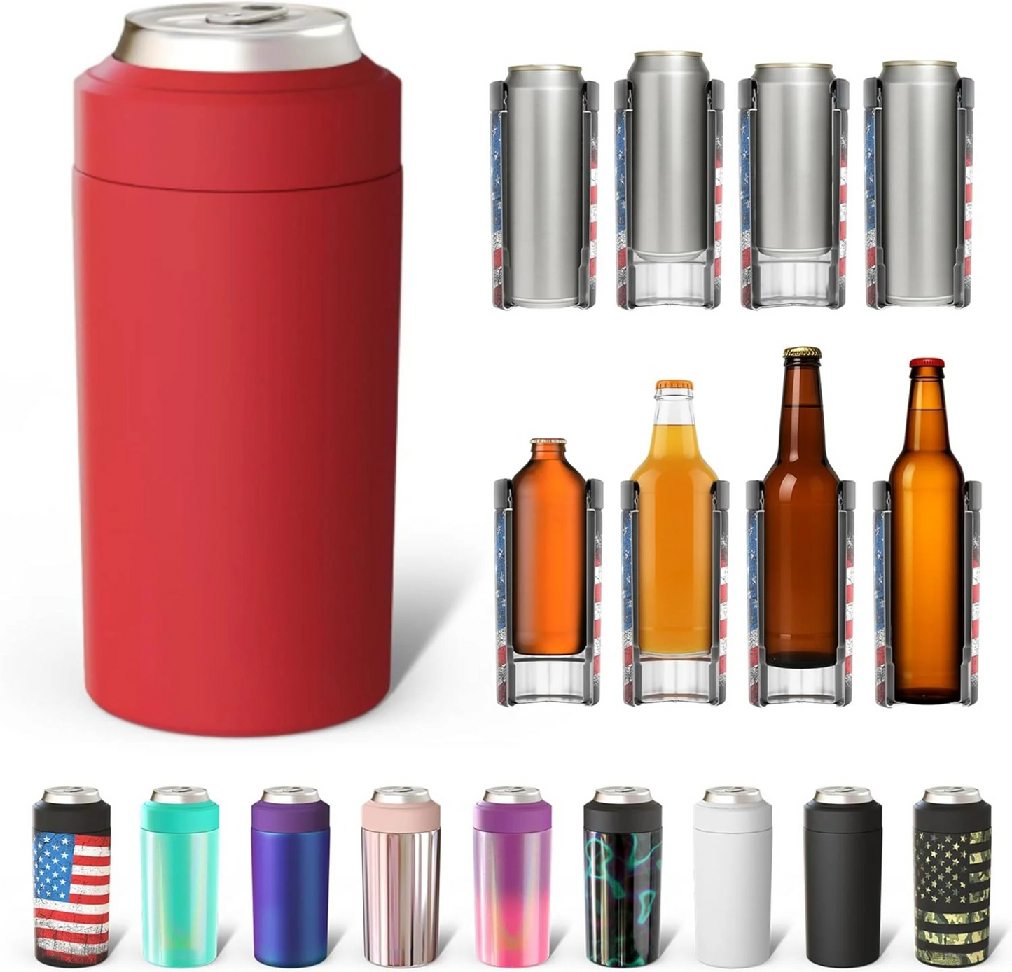 CZTICLE® Universal Buddy Can Cooler - Fits All - For Regular 12 & 16 oz or Slim-Size Bottles - Insulated Double -Walled Stainless Steel (All white)