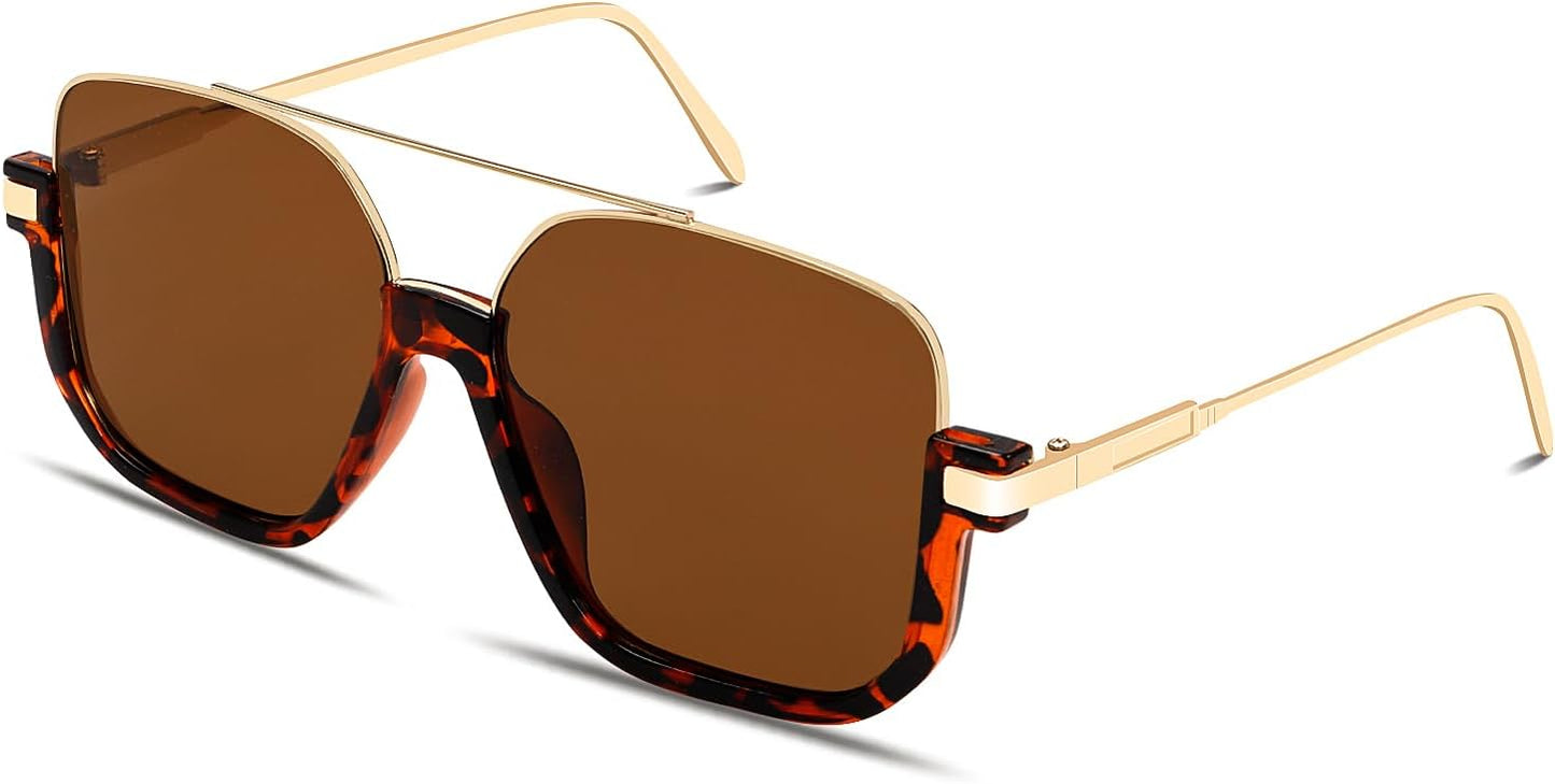 CZTICLE® Retro Oversized Aviator Sunglasses for Women Men Square Double Bridge Pilot Sun Glasses 70s Trendy Shades