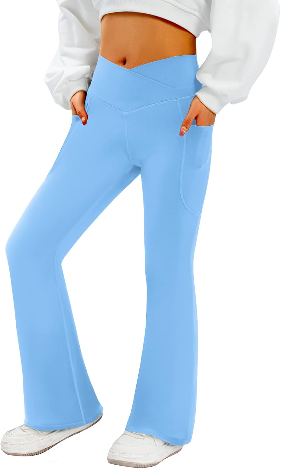SFRCORD® Women's Flare Yoga Pants with Pockets-V Crossover High Waisted Bootcut Yoga Leggings-Flare Workout Gym Leggings