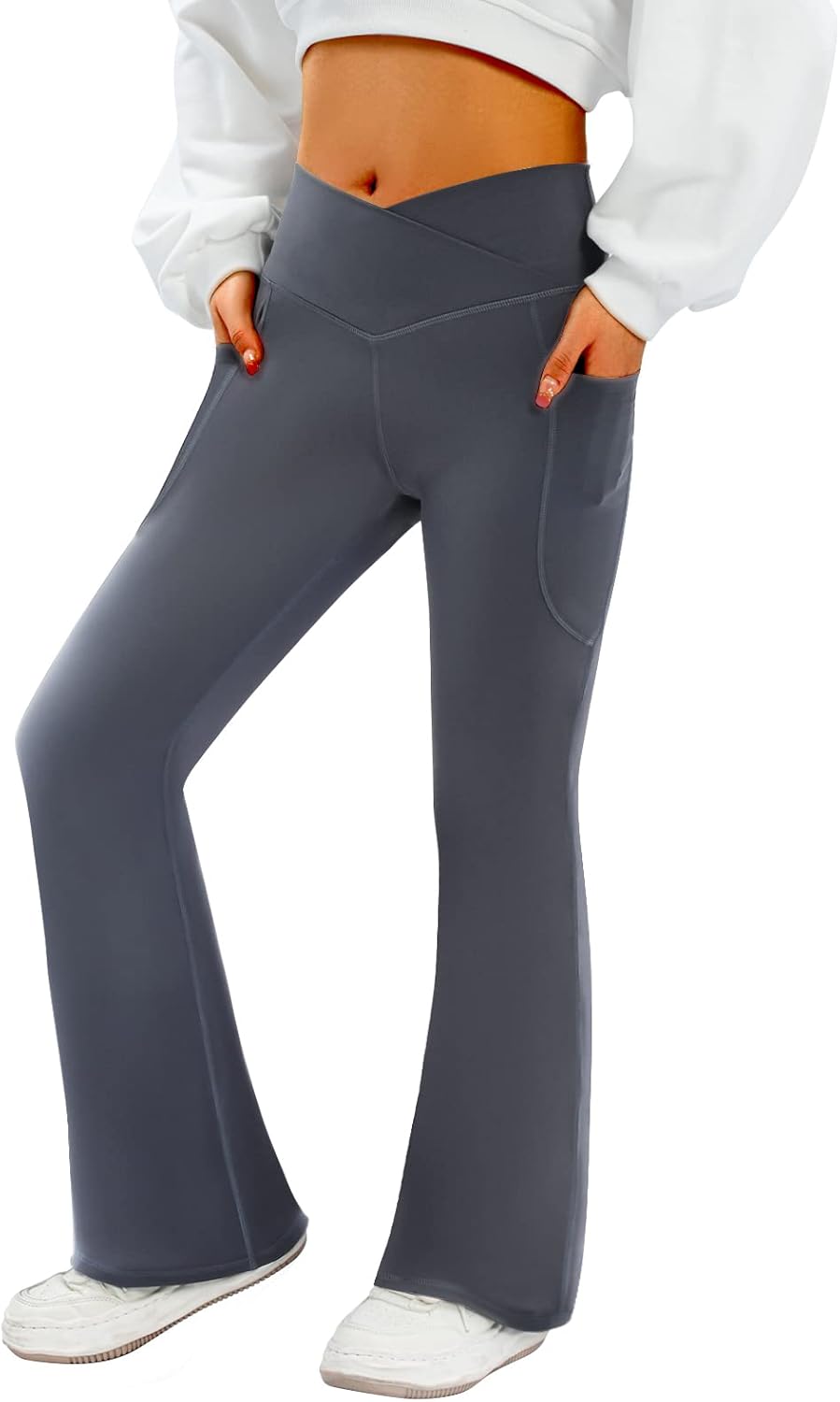SFRCORD® Women's Flare Yoga Pants with Pockets-V Crossover High Waisted Bootcut Yoga Leggings-Flare Workout Gym Leggings