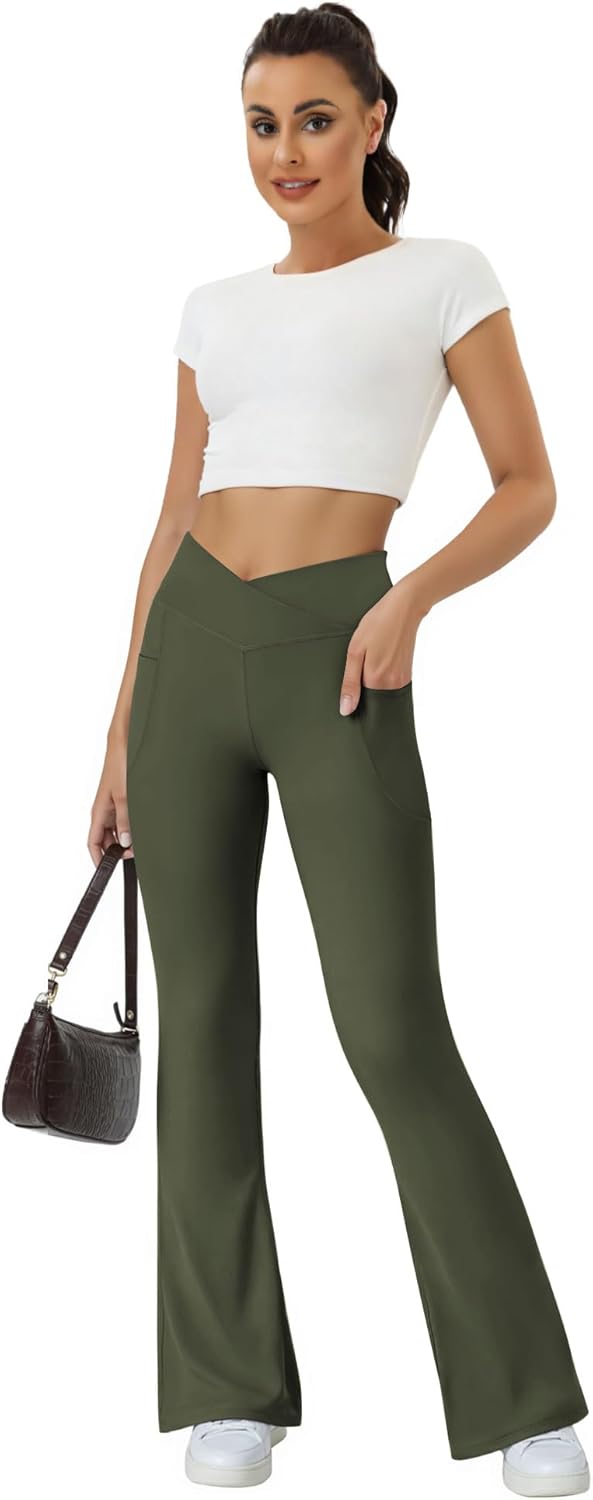 SFRCORD® Women's Flare Yoga Pants with Pockets-V Crossover High Waisted Bootcut Yoga Leggings-Flare Workout Gym Leggings