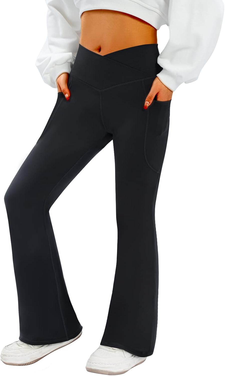SFRCORD® Women's Flare Yoga Pants with Pockets-V Crossover High Waisted Bootcut Yoga Leggings-Flare Workout Gym Leggings