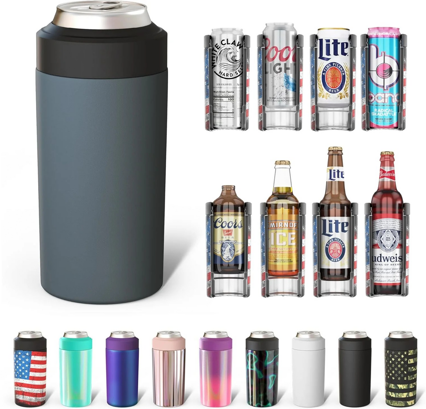CZTICLE® Universal Buddy Can Cooler - Fits All - For Regular 12 & 16 oz or Slim-Size Bottles - Insulated Double -Walled Stainless Steel (All white)