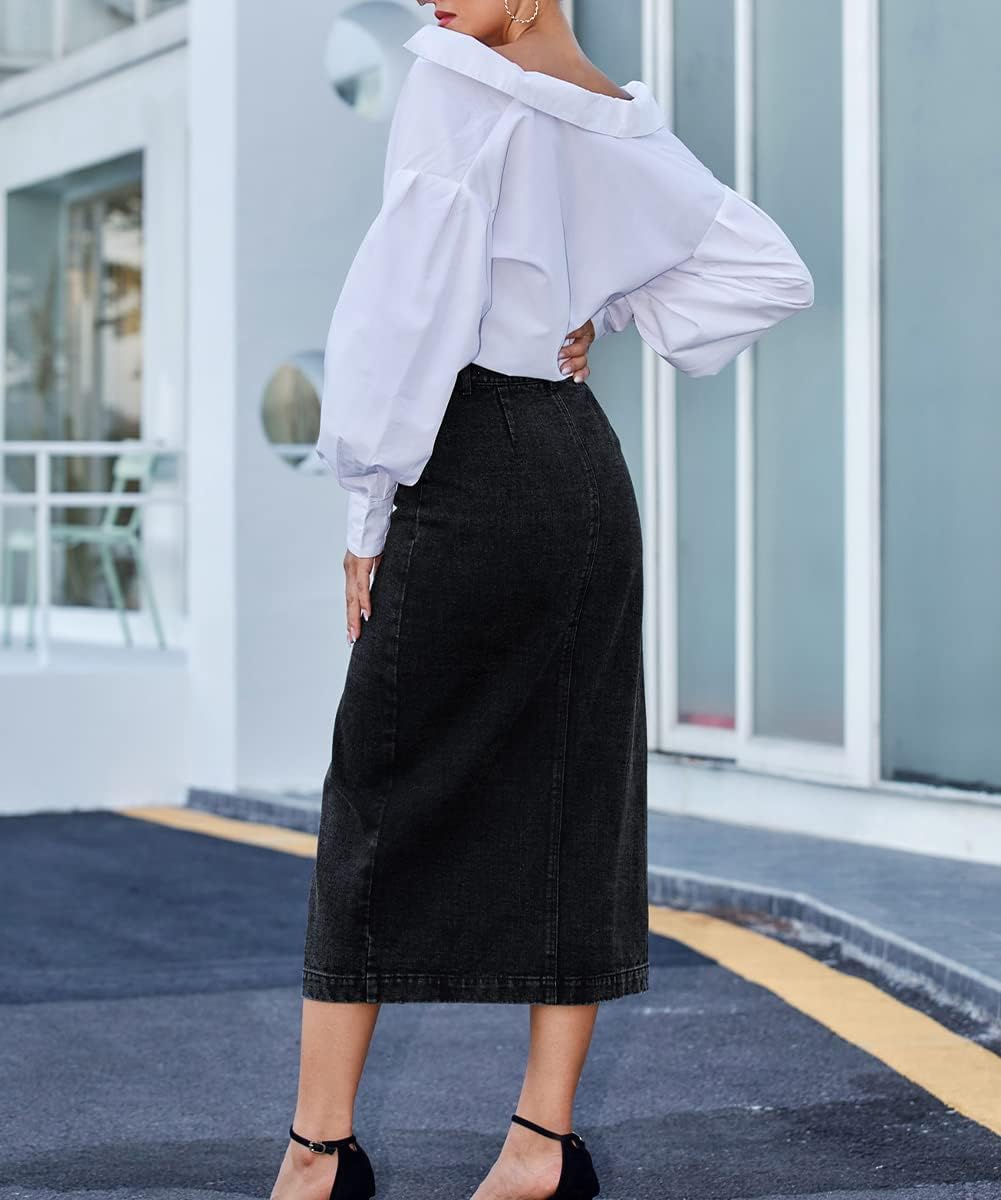 SFRCORD® Women's Casual High Waisted Button Up Denim Midi Skirts Irregular Split A Line Jean Pencil Skirt