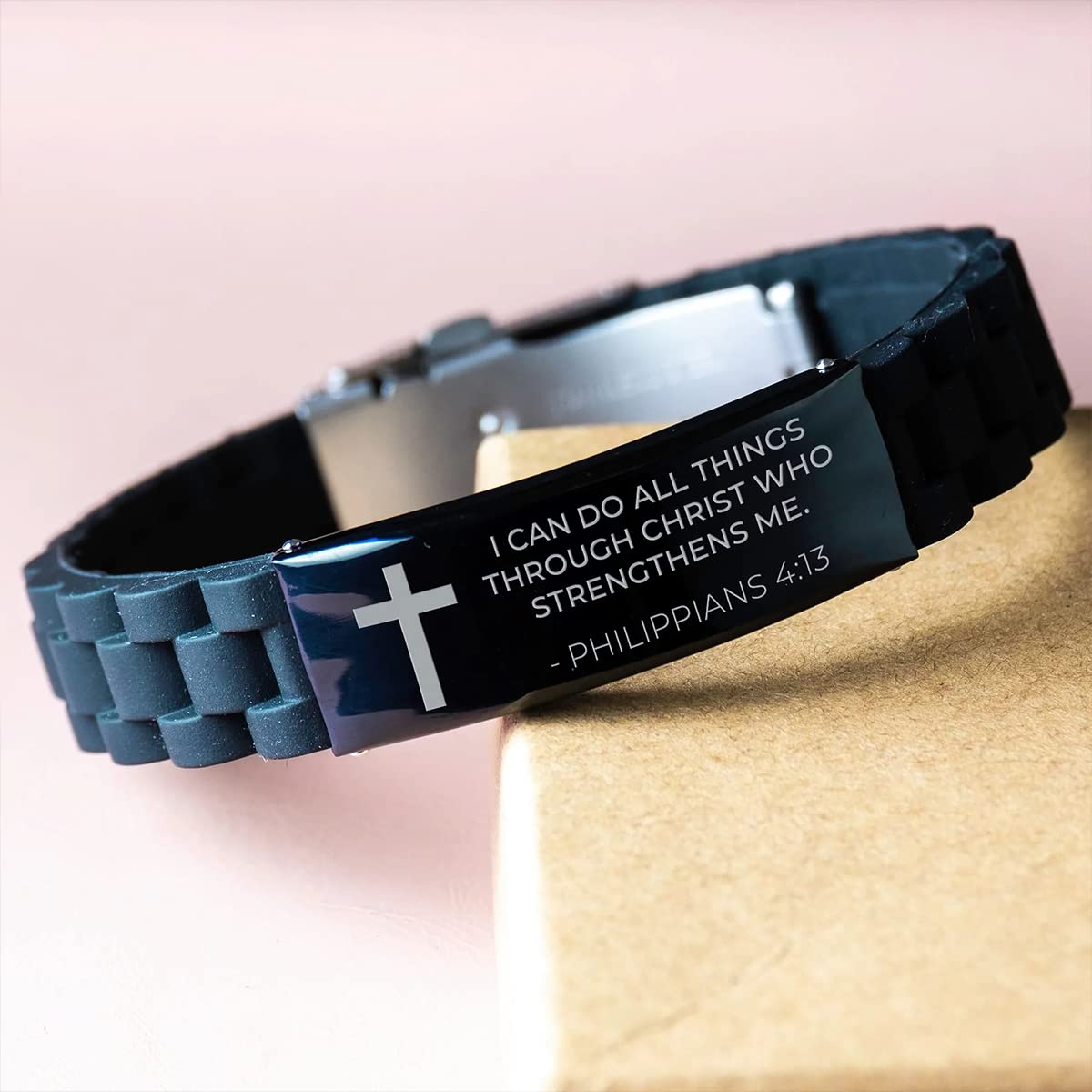CZTICLE® Baptism Gifts For Teenage Boys. Religious Catholic Christian Bracelet For Men. I Can Do All Things Through Christ. Stainless Steel Silver Silicone. no gemstone