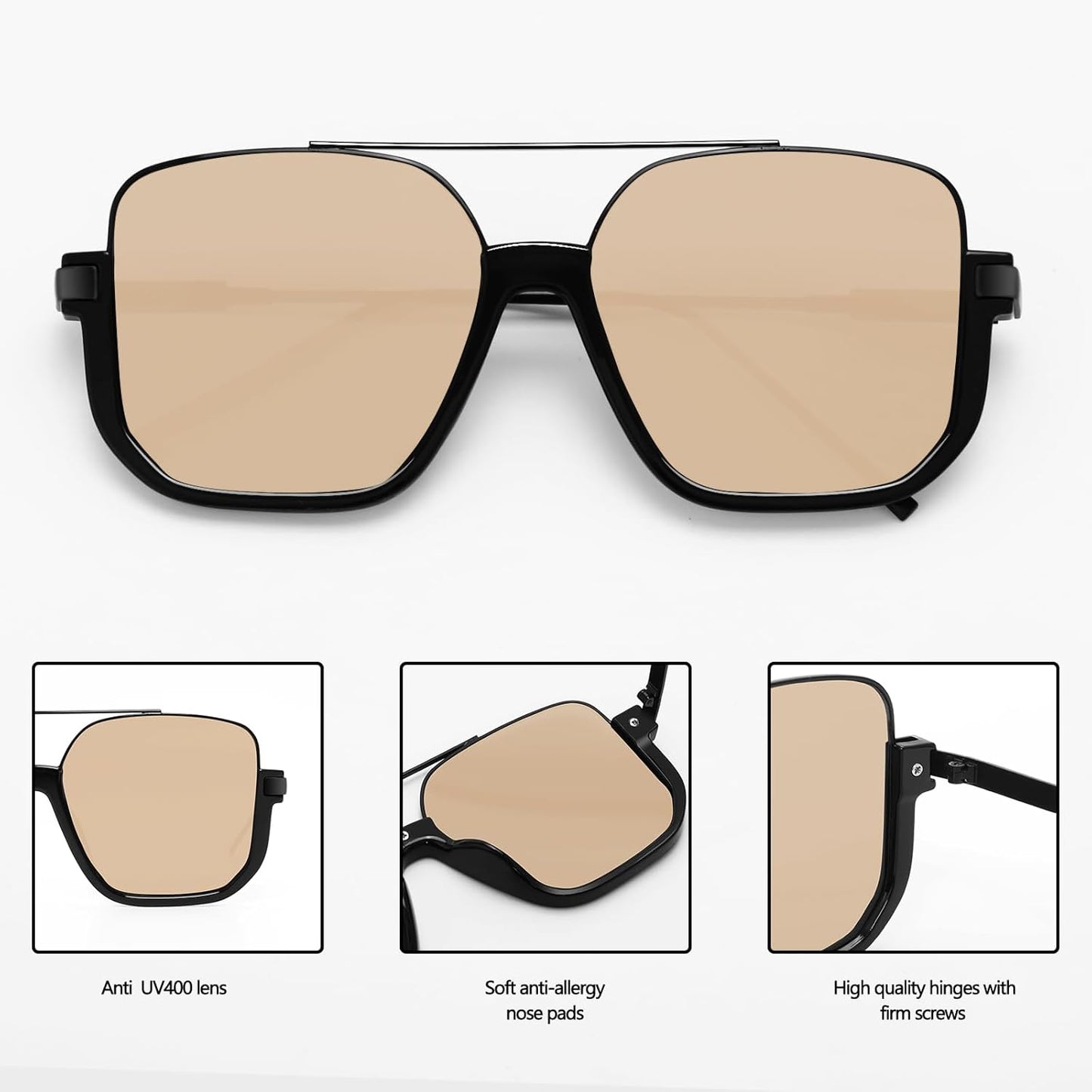 CZTICLE® Retro Oversized Aviator Sunglasses for Women Men Square Double Bridge Pilot Sun Glasses 70s Trendy Shades