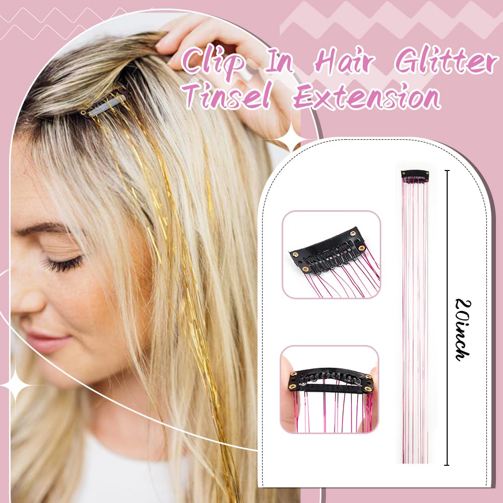 Cilifer® Hair Tinsel Pack of 12 Pcs Clip in Hair Tinsel 20 Inch Glitter Pink Tinsel Hair Extensions.