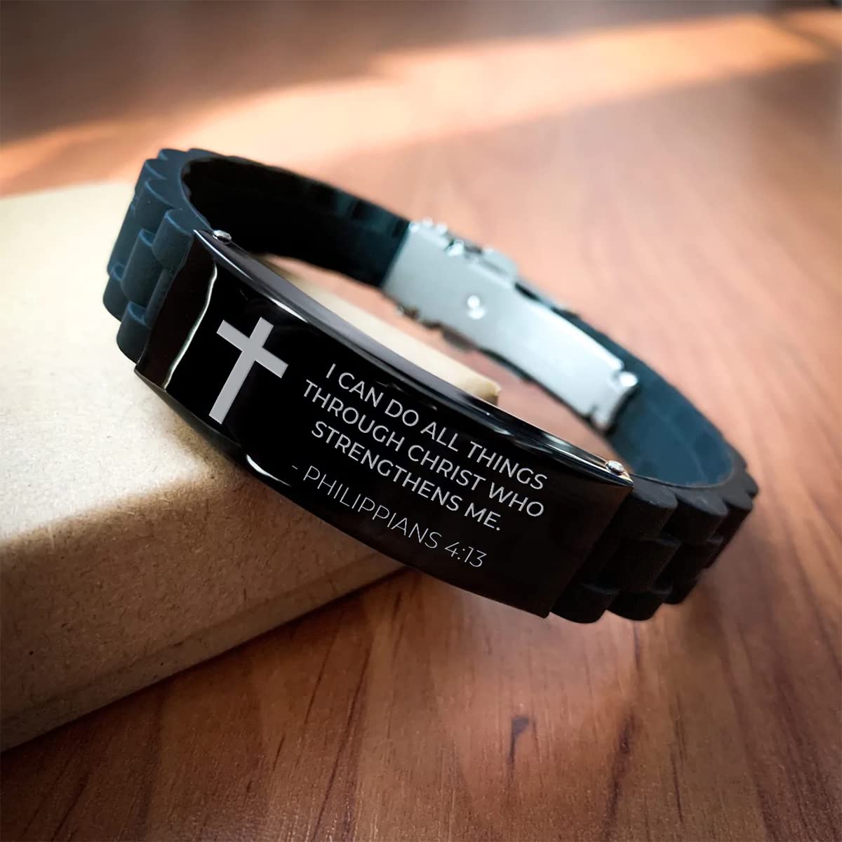 CZTICLE® Baptism Gifts For Teenage Boys. Religious Catholic Christian Bracelet For Men. I Can Do All Things Through Christ. Stainless Steel Silver Silicone. no gemstone