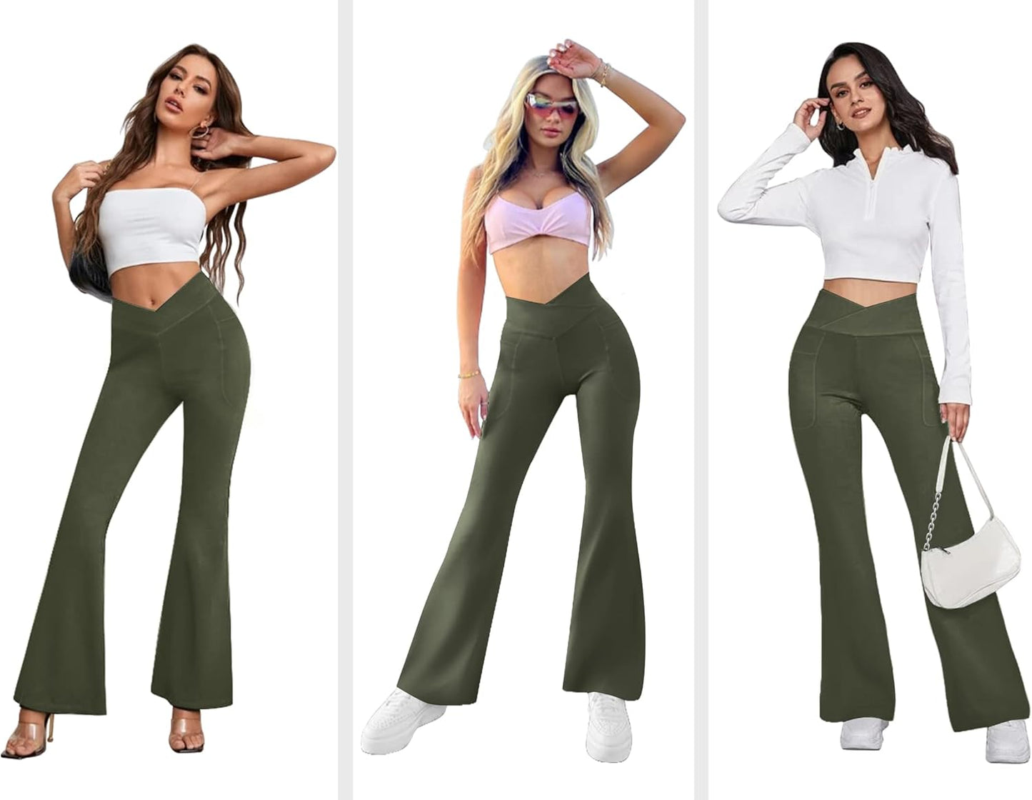 SFRCORD® Women's Flare Yoga Pants with Pockets-V Crossover High Waisted Bootcut Yoga Leggings-Flare Workout Gym Leggings