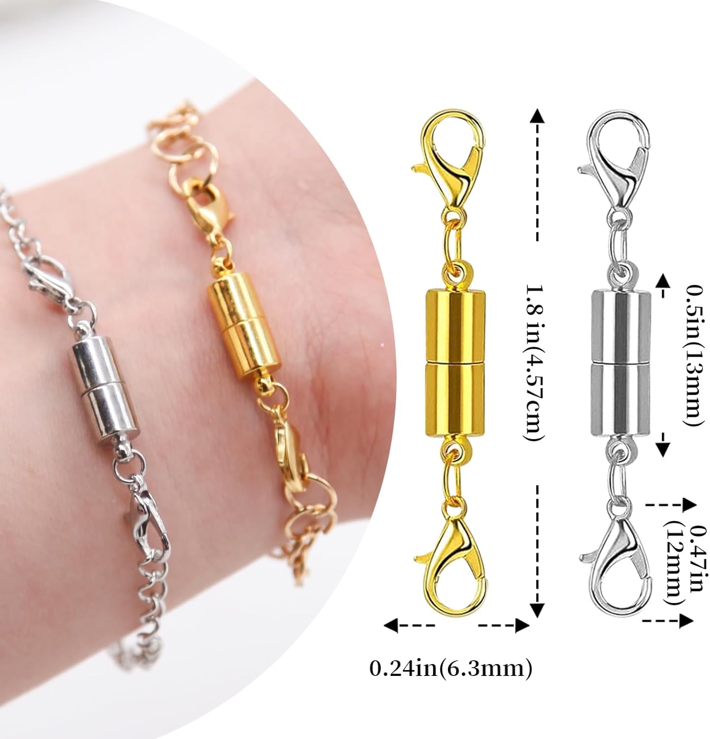 CZTICLE® Magnetic Necklace Clasp with Double Lobster Clasps 18K Gold and Silver Necklaces Chain Extender Connector (12Pcs
