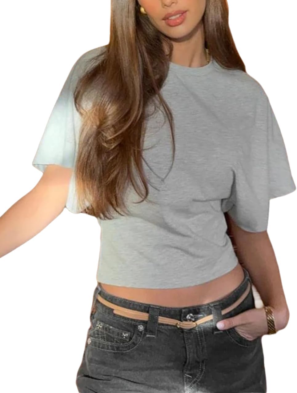 SFRCORD® Women's bat sleeve round neck white T-shirt, casual waist cinching style.