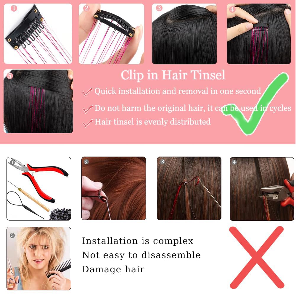 Cilifer® Hair Tinsel Pack of 12 Pcs Clip in Hair Tinsel 20 Inch Glitter Pink Tinsel Hair Extensions.
