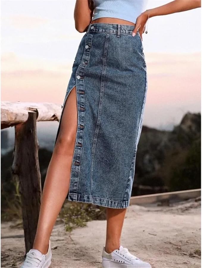 SFRCORD® Women's Casual High Waisted Button Up Denim Midi Skirts Irregular Split A Line Jean Pencil Skirt