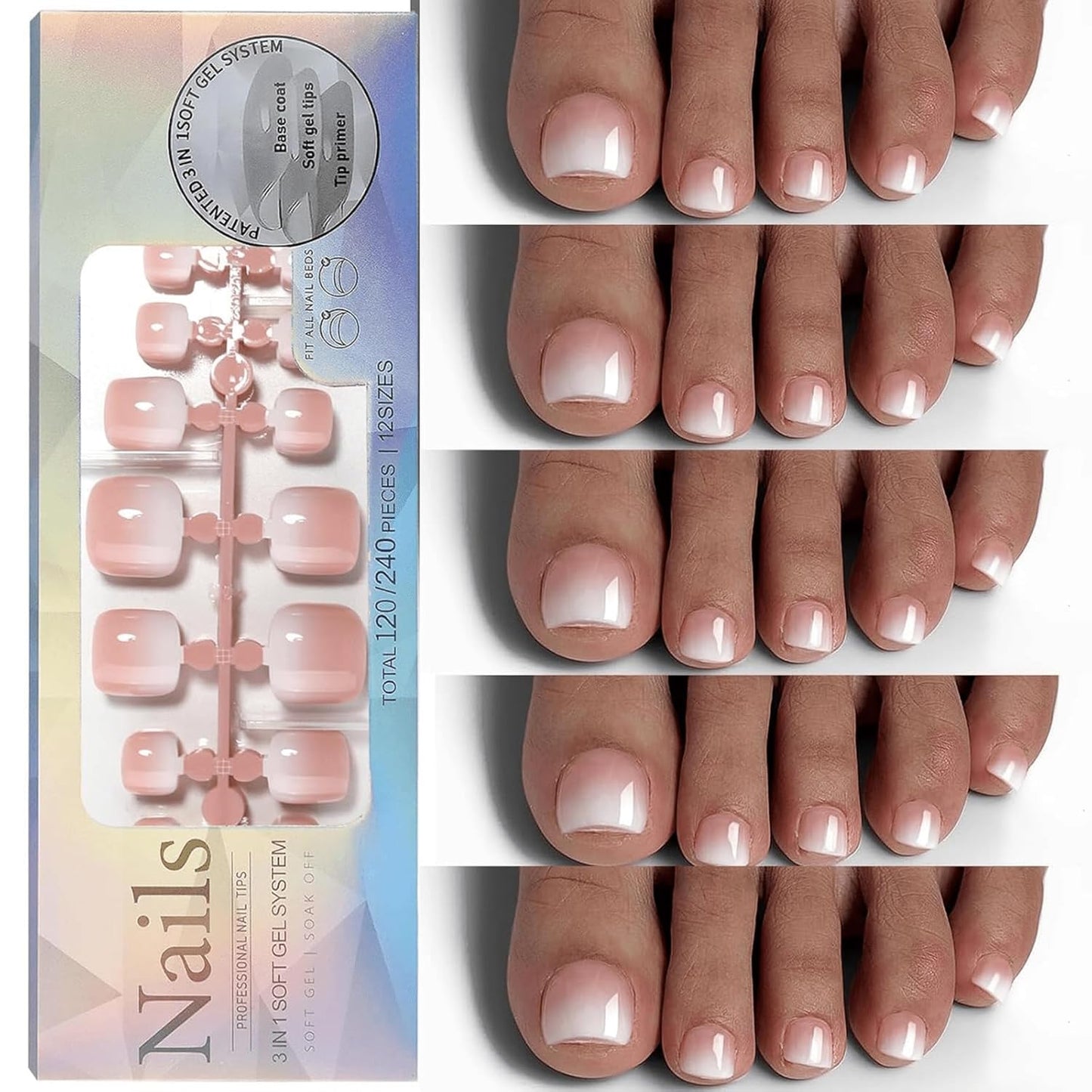 CZTICLE® 120Pcs Toe Nail Tips - Gradient Press on Toenails Short Brown White Toe Nail Press ons.Square Soft Gel Toe Press on Nails.Glossy Soak Off Fake Toe Nails for Women and Girls