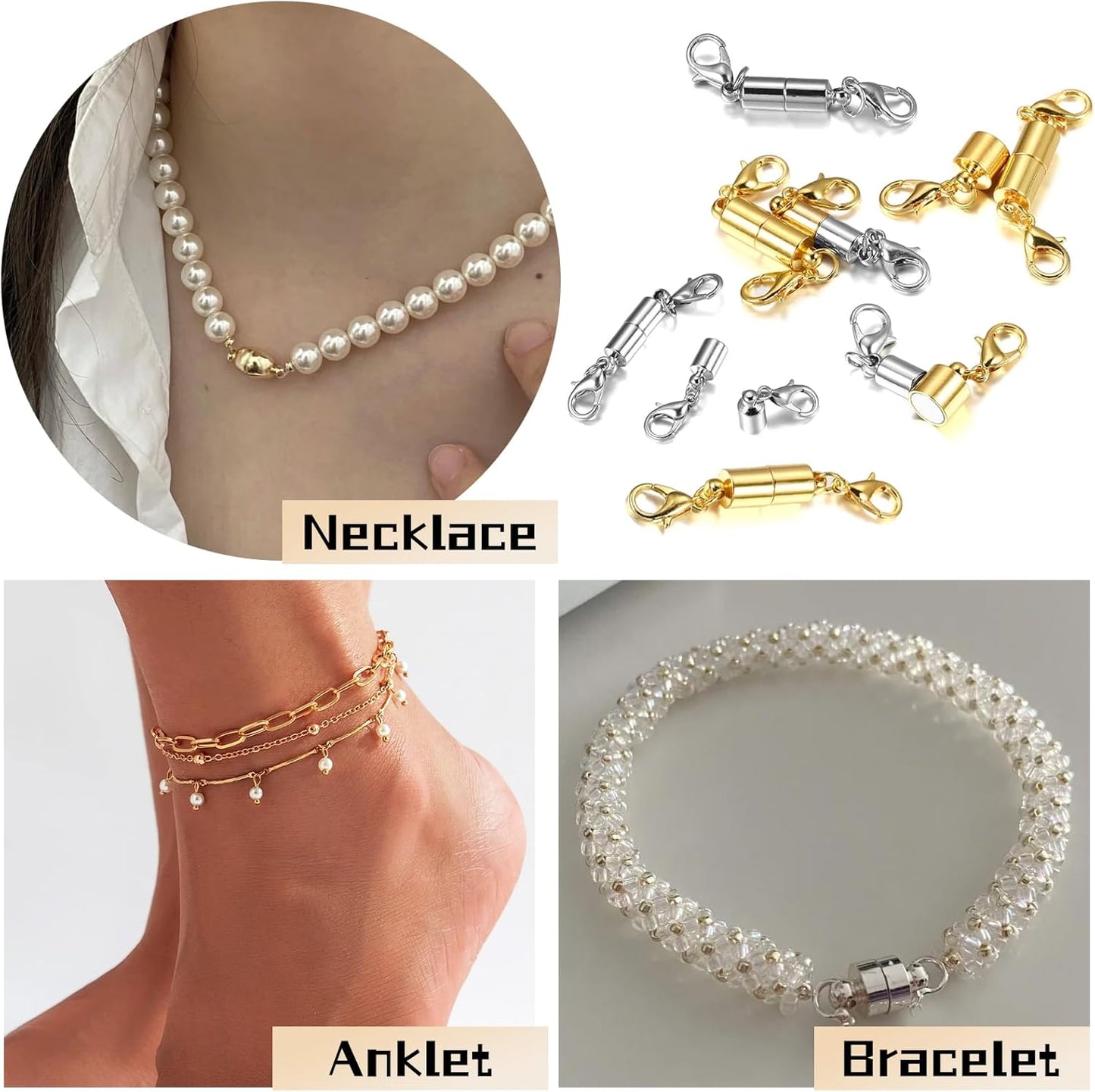 CZTICLE® Magnetic Necklace Clasp with Double Lobster Clasps 18K Gold and Silver Necklaces Chain Extender Connector (12Pcs