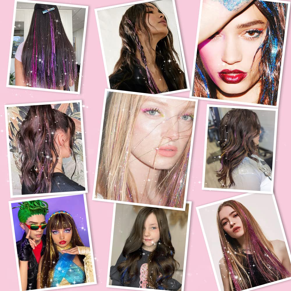 Cilifer® Hair Tinsel Pack of 12 Pcs Clip in Hair Tinsel 20 Inch Glitter Pink Tinsel Hair Extensions.