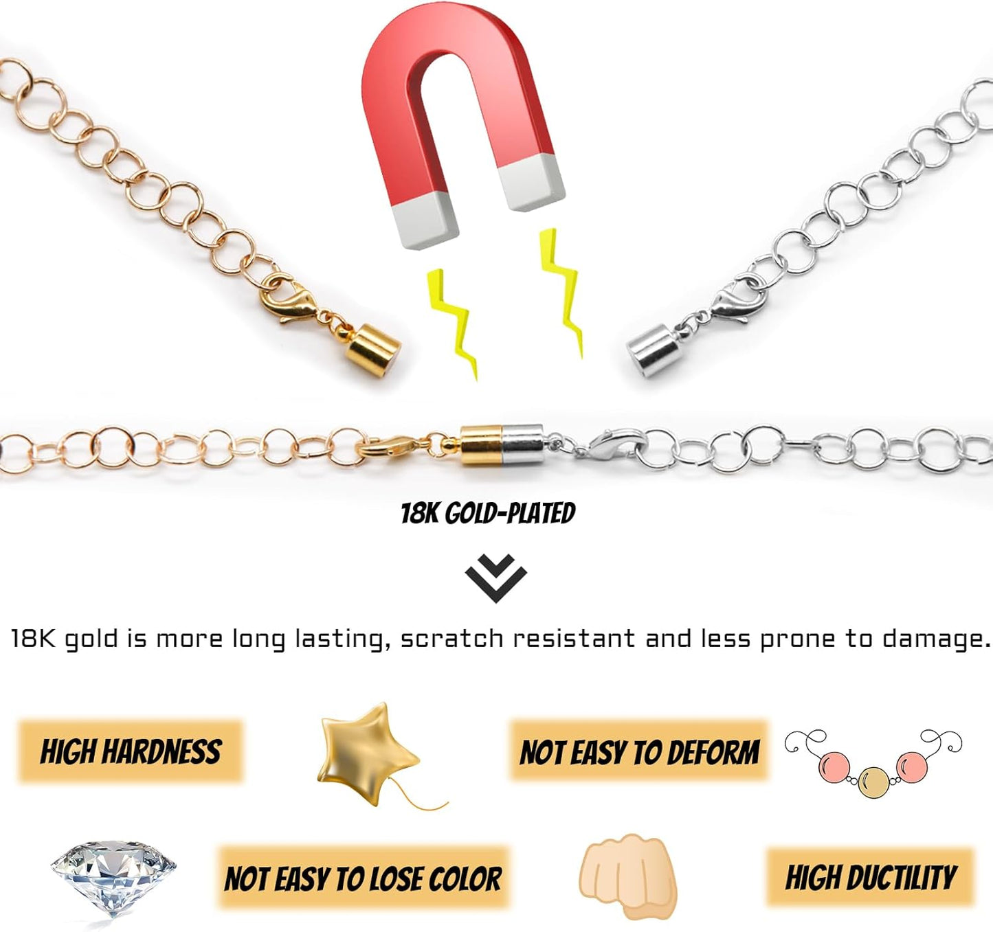 CZTICLE® Magnetic Necklace Clasp with Double Lobster Clasps 18K Gold and Silver Necklaces Chain Extender Connector (12Pcs