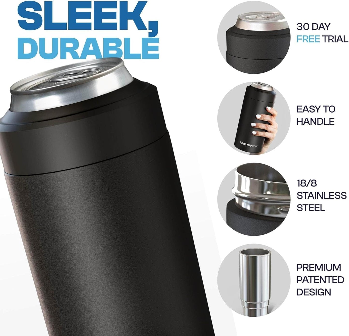CZTICLE® Universal Buddy Can Cooler - Fits All - For Regular 12 & 16 oz or Slim-Size Bottles - Insulated Double -Walled Stainless Steel (All white)