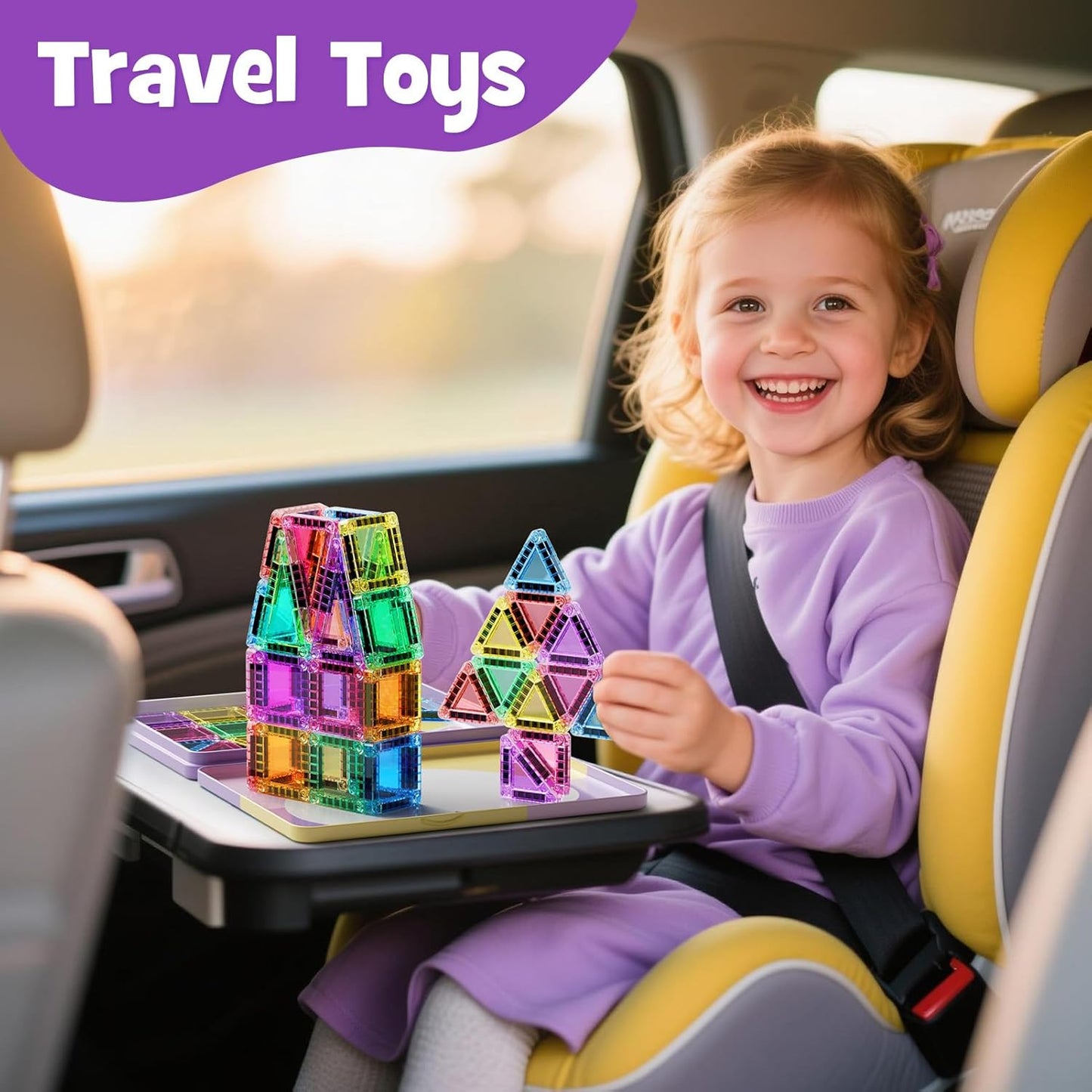 CILIFER® 42-Piece Mini Magnetic Tiles Travel Set with Metal Storage Box - Portable STEM Building Blocks for Kids Ages 3-8. Montessori Educational Toys for Airplane & Car Rides. Gift for Boys & Girls