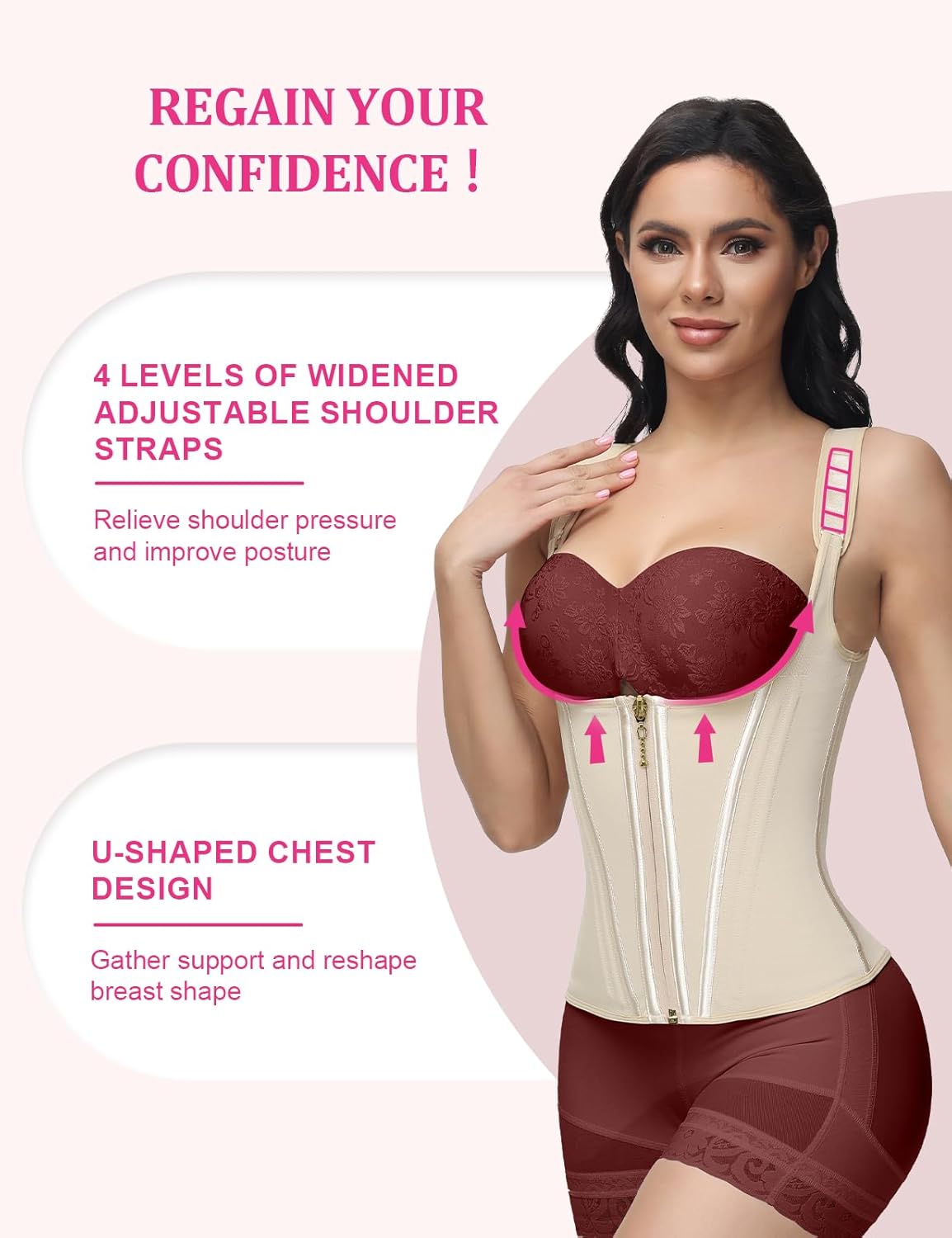 CZTICLE® Waist Trainer for Women Tummy Control Workout Faja Body Shaper Postpartum Waist Cincher Corset Shapewear with Strap Tan