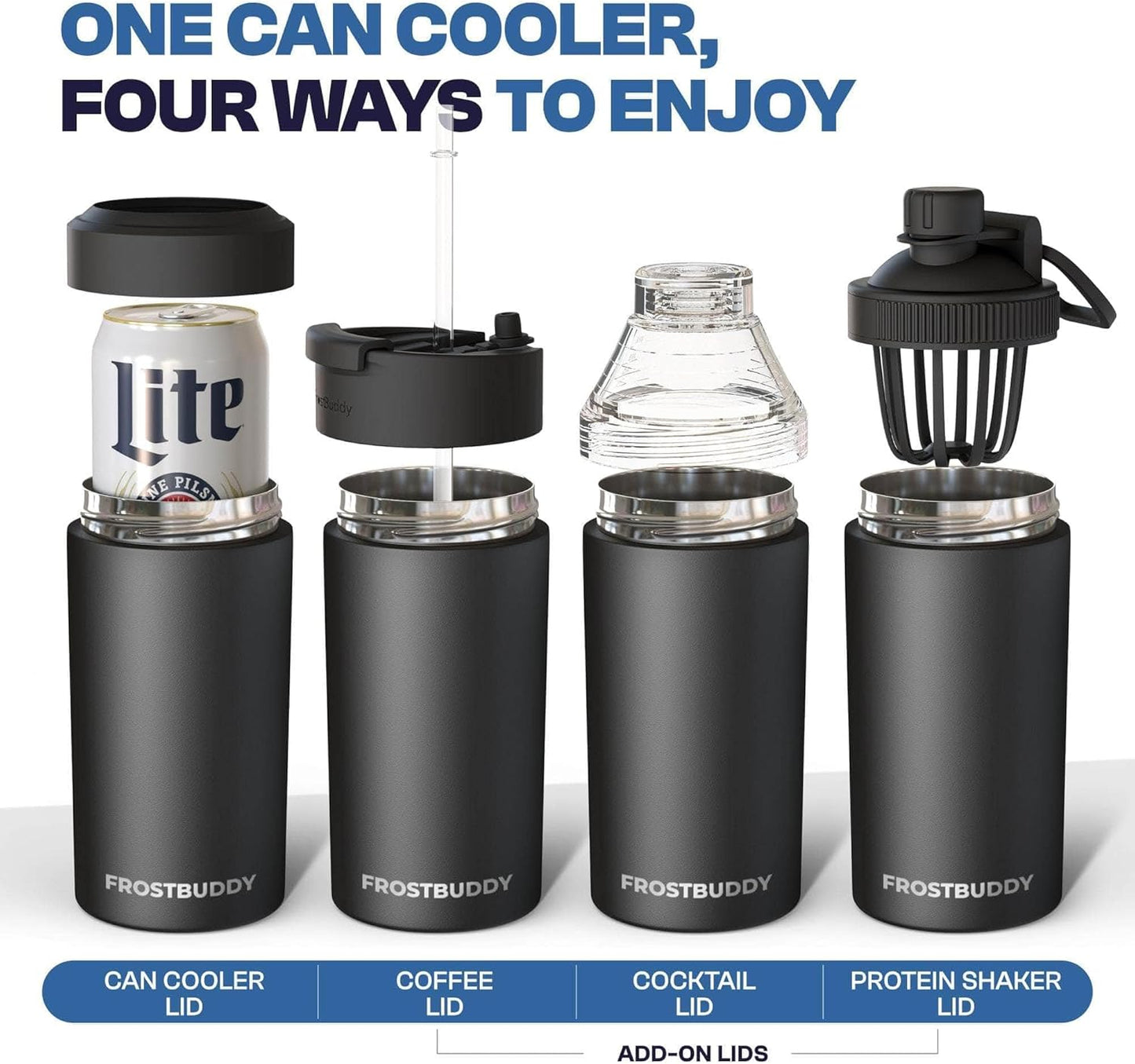 CZTICLE® Universal Buddy Can Cooler - Fits All - For Regular 12 & 16 oz or Slim-Size Bottles - Insulated Double -Walled Stainless Steel (All white)
