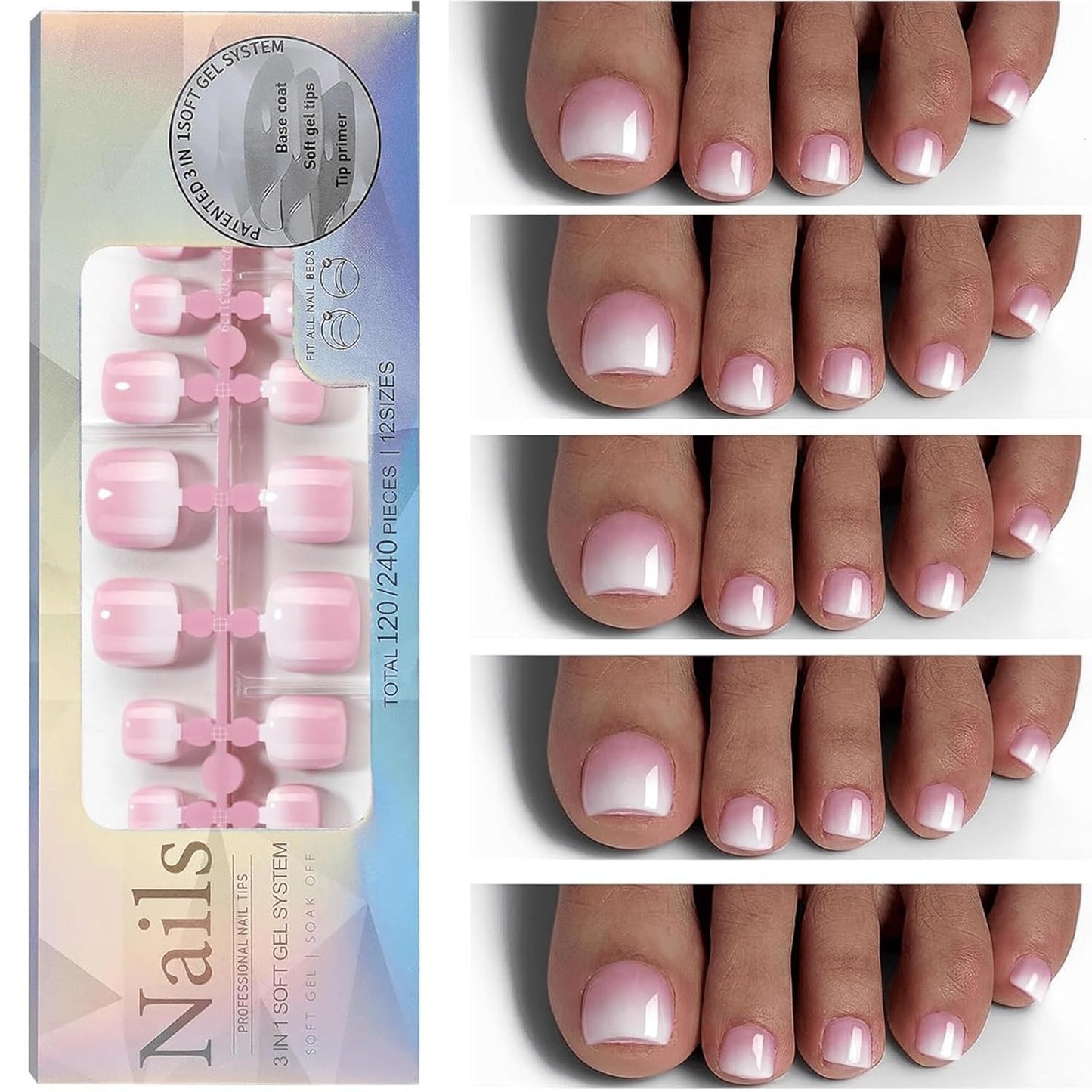 CZTICLE® 120Pcs Toe Nail Tips - Gradient Press on Toenails Short Brown White Toe Nail Press ons.Square Soft Gel Toe Press on Nails.Glossy Soak Off Fake Toe Nails for Women and Girls