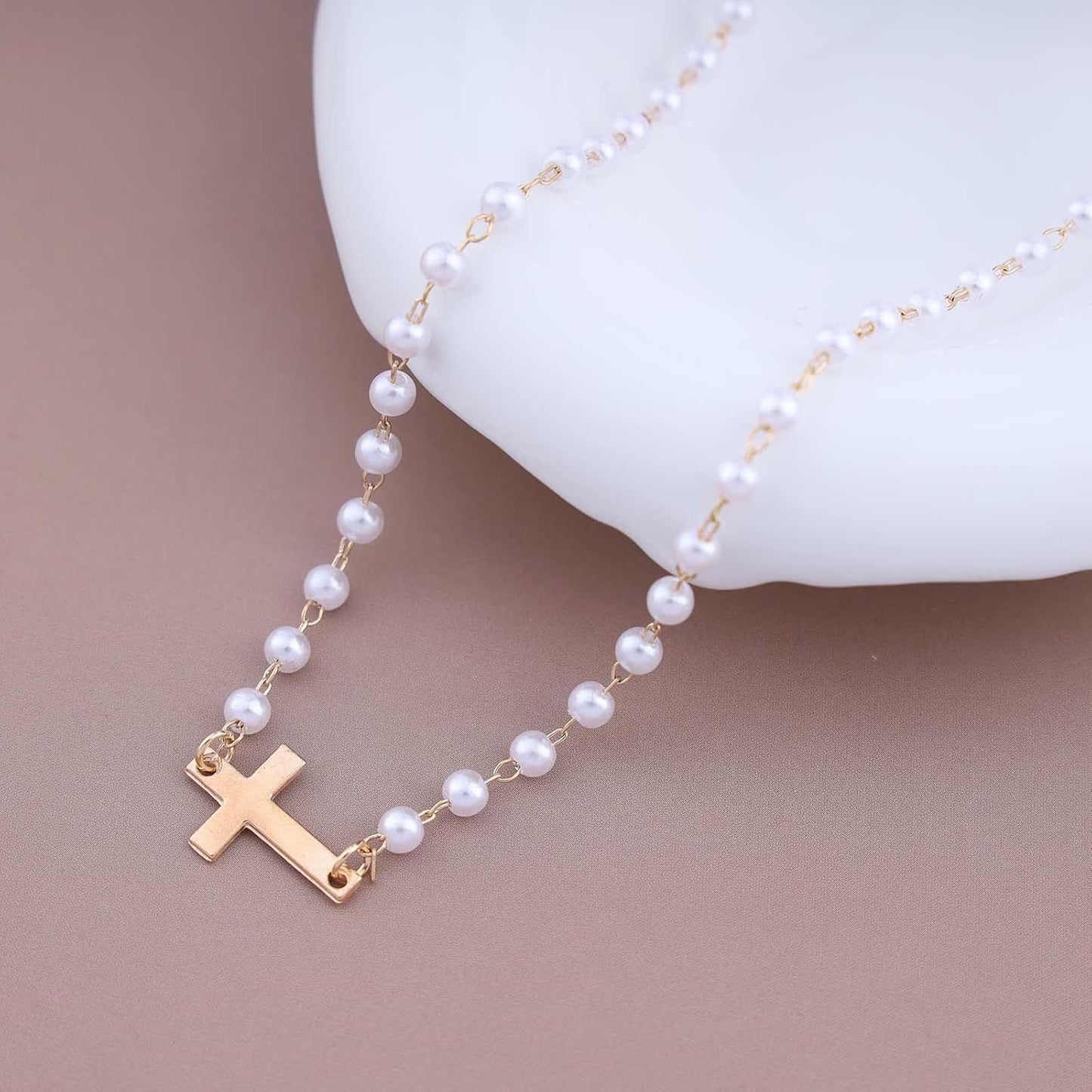 CZTICLE® Pearl Choker Necklace Gold Pearl Necklace Choker Vintage Cross Crucifix Necklace Minimalist Pearl Cross Necklace Jewelry for Women