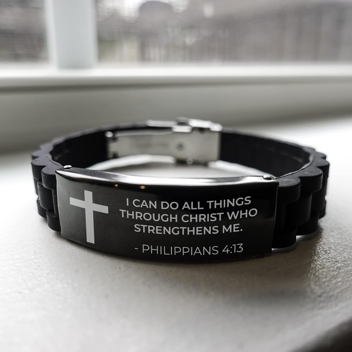 CZTICLE® Baptism Gifts For Teenage Boys. Religious Catholic Christian Bracelet For Men. I Can Do All Things Through Christ. Stainless Steel Silver Silicone. no gemstone