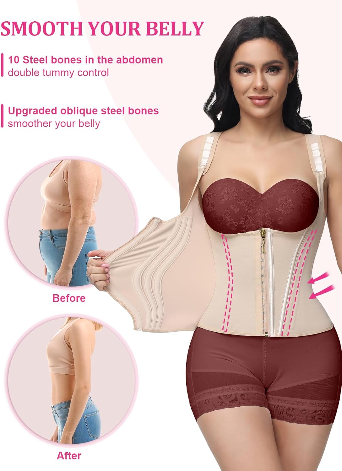 CZTICLE® Waist Trainer for Women Tummy Control Workout Faja Body Shaper Postpartum Waist Cincher Corset Shapewear with Strap Tan