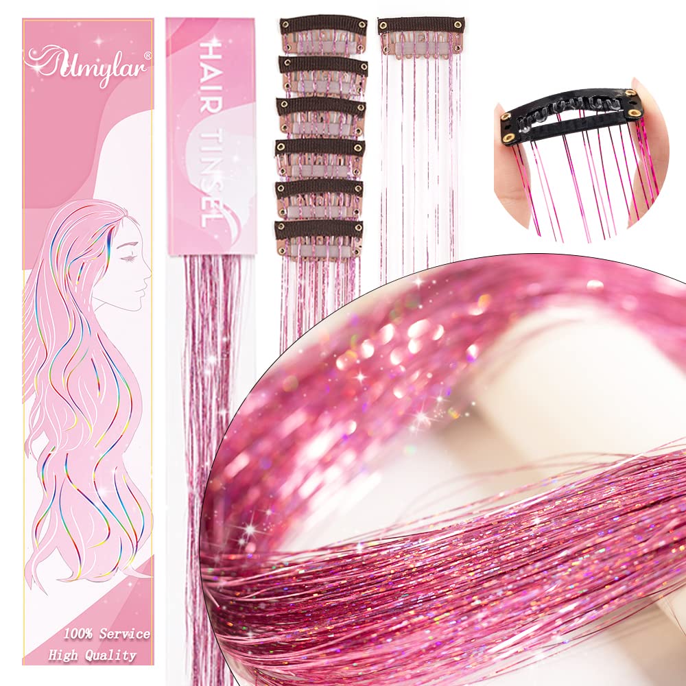 Cilifer® Hair Tinsel Pack of 12 Pcs Clip in Hair Tinsel 20 Inch Glitter Pink Tinsel Hair Extensions.