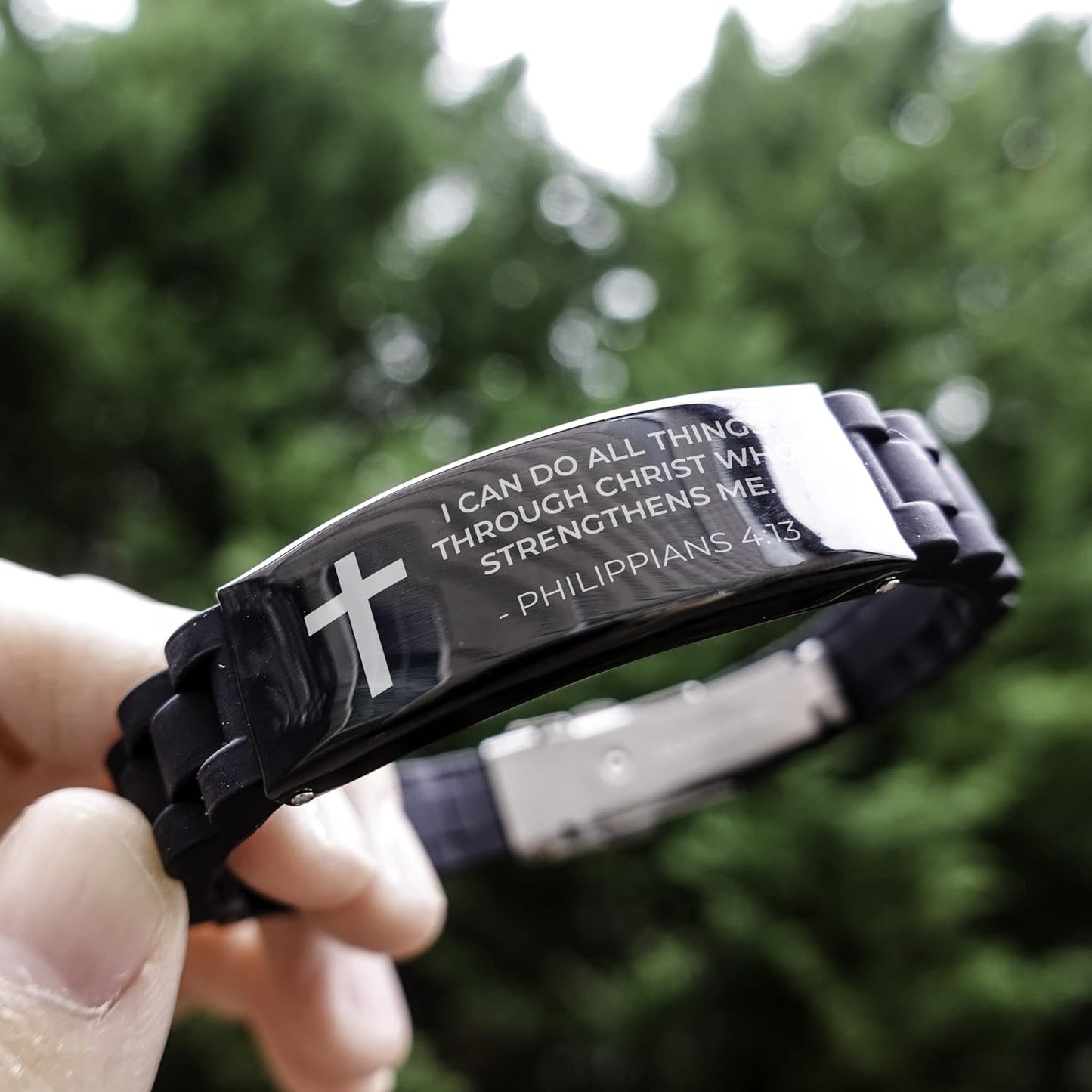 CZTICLE® Baptism Gifts For Teenage Boys. Religious Catholic Christian Bracelet For Men. I Can Do All Things Through Christ. Stainless Steel Silver Silicone. no gemstone