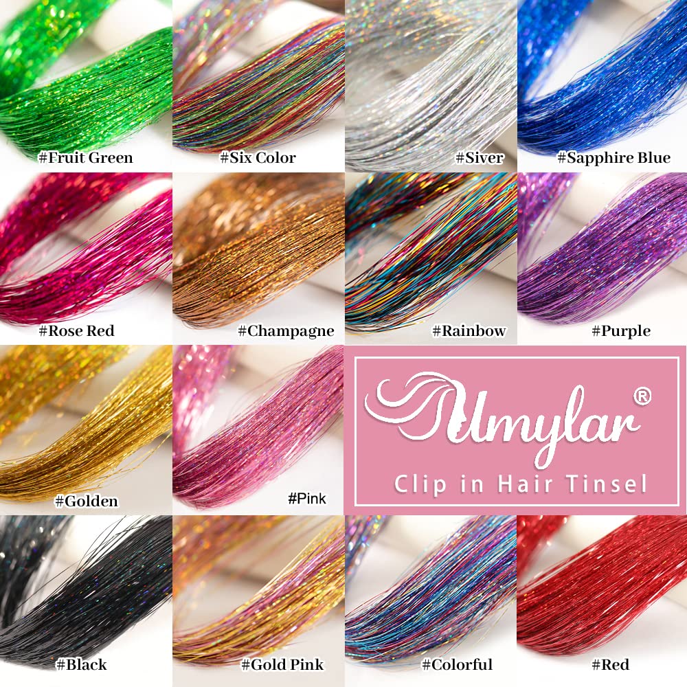 Cilifer® Hair Tinsel Pack of 12 Pcs Clip in Hair Tinsel 20 Inch Glitter Pink Tinsel Hair Extensions.