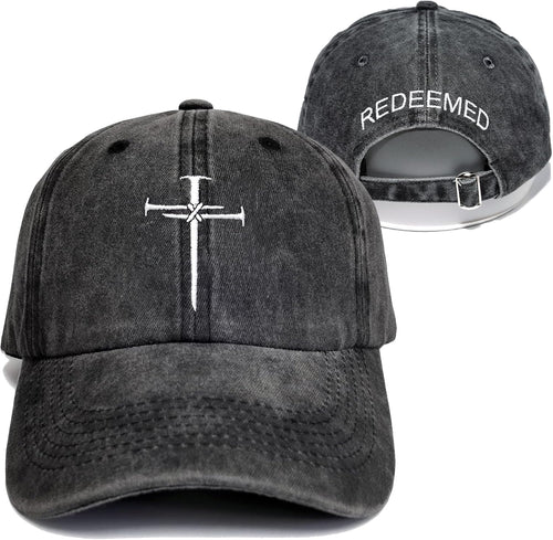 SFRCORD® Christian Redeemed Cross Nails Hats for Men Women. Vintage Adjustable Cotton Embroidered Front & Back Baseball Cap