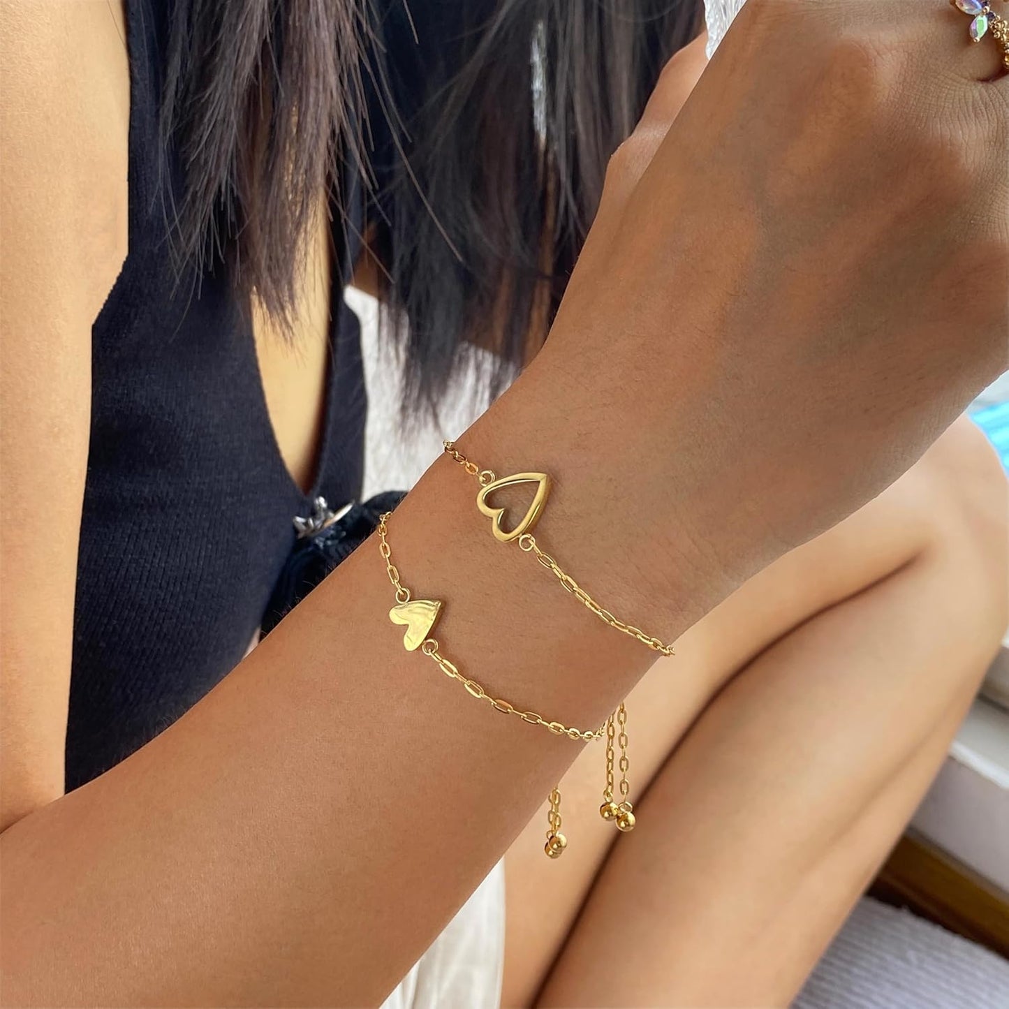 Cilifer® Love Heart Bracelet Set For Friendship Bracelet Love Two cute Bracelet Pack Charms Solitaire Bracelet For Women Friend(Gold)