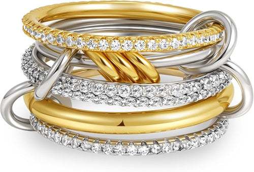 CZTICLE® Gold Stackable Rings for Women, 18K Gold Plated Cubic Zirconia Rings Silver Gold Multi Ring Mixed Metals Stackable Ring Set for Women Non Tarnish