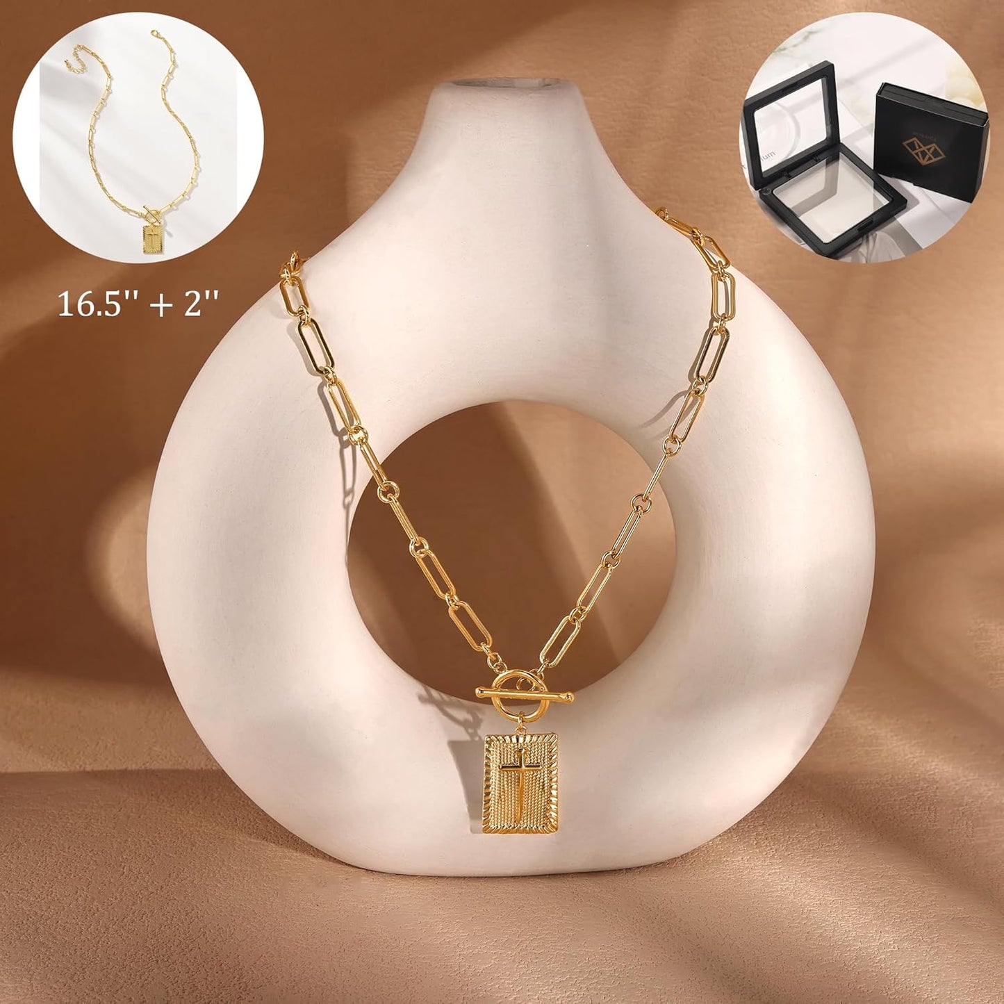 Cilifer® Gold and Silver Cross Pendant Necklace for Women. Toggle Clasp Rectangle Cross Charm Necklace. Dainty Paperclip Chain Religious Jewelry Gift for Christian Faith. Baptism.