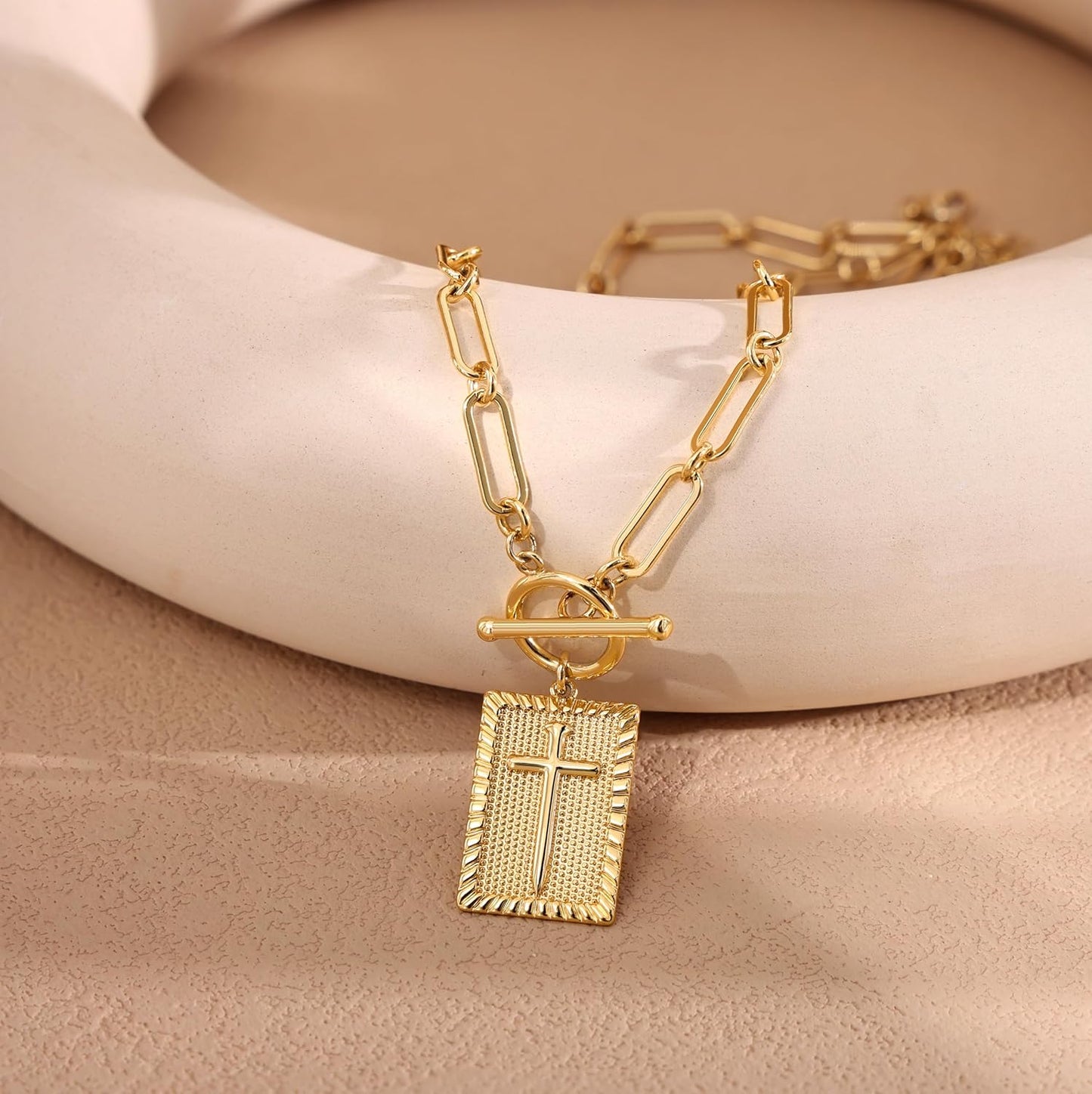 Cilifer® Gold and Silver Cross Pendant Necklace for Women. Toggle Clasp Rectangle Cross Charm Necklace. Dainty Paperclip Chain Religious Jewelry Gift for Christian Faith. Baptism.